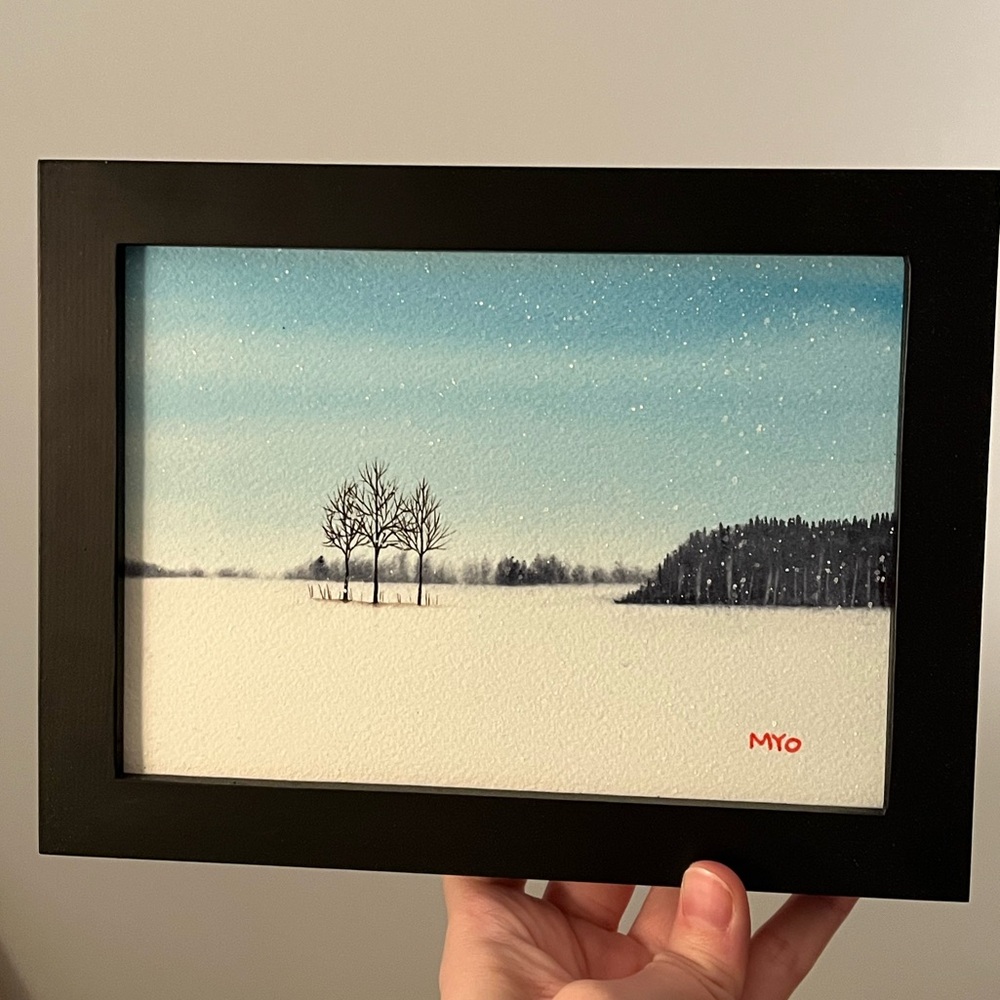 Watercolor Winter Landscape Framed Art trees snow